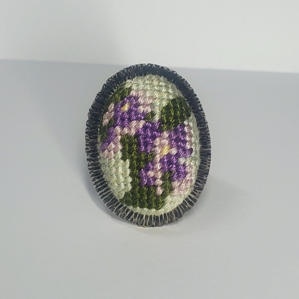 Vintage Needlepoint Flower Adjustable Ring